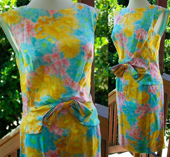 Watercolor 1960's 50's Vintage SILK Bright Blue a… - image 1