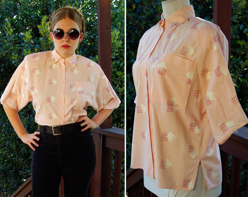 New WAVE 1980/'s Vintage Peachy Pink Button Down Shirt with Geometric Designs by SOHO size Small Medium