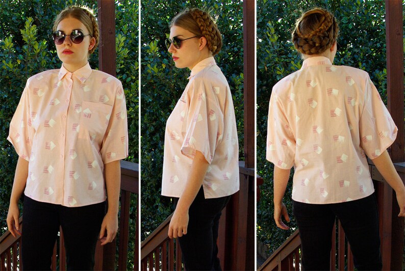 New WAVE 1980/'s Vintage Peachy Pink Button Down Shirt with Geometric Designs by SOHO size Small Medium