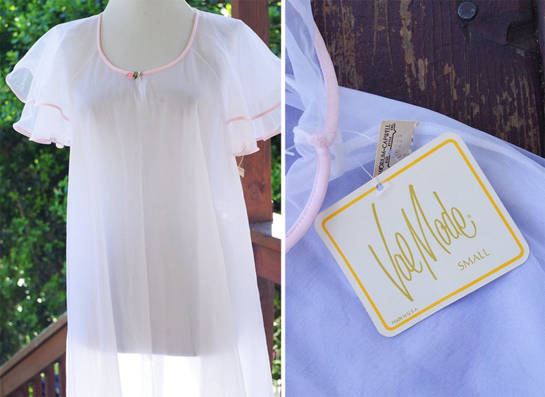White LILY 1960/'s 70/'s Vintage Sheer White Pink Nylon Chiffon Robe w Layered Sleeves by Val MODE size Small Deadstock w Tags
