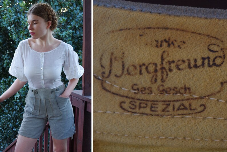 OKTOBERFEST 1950/'s 60/'s Light Grey LEATHER High Waist Lederhosen Shorts by BERGFREUND Germany size 38 Small Medium