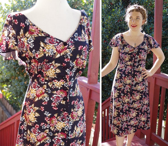 SUMMER Flowers 1980's 90's Long Dark Navy Floral Rayon - Etsy