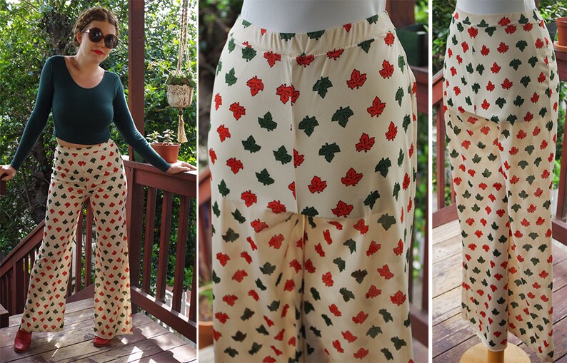 MAPLE Leaf 1960/'s 70/'s Vintage Cream White Bell Bottoms Pants with Rust Orange Green Leafy Design size Small Oh CANADA