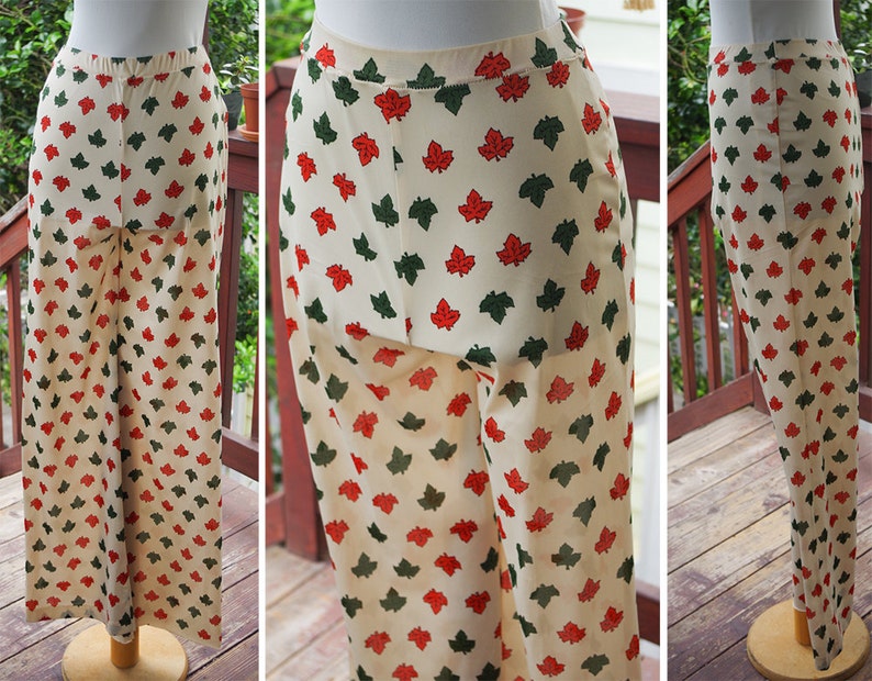 MAPLE Leaf 1960/'s 70/'s Vintage Cream White Bell Bottoms Pants with Rust Orange Green Leafy Design size Small Oh CANADA