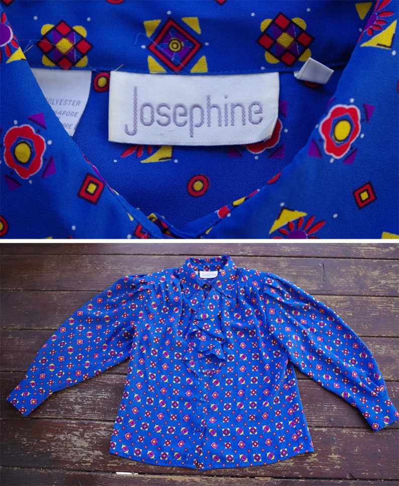 Red Modern Victorian Blouse Long BIG Sleeves size Medium by Josephine RUFFLED 1970/'s 80/'s Vintage Bright Blue Yellow