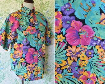 PARADISE 1980's Vintage Teal Orange + Pink Floral Hawaiian Rayon Shirt // size Small Med // Tropical Hibiscus // by SOSTANZA