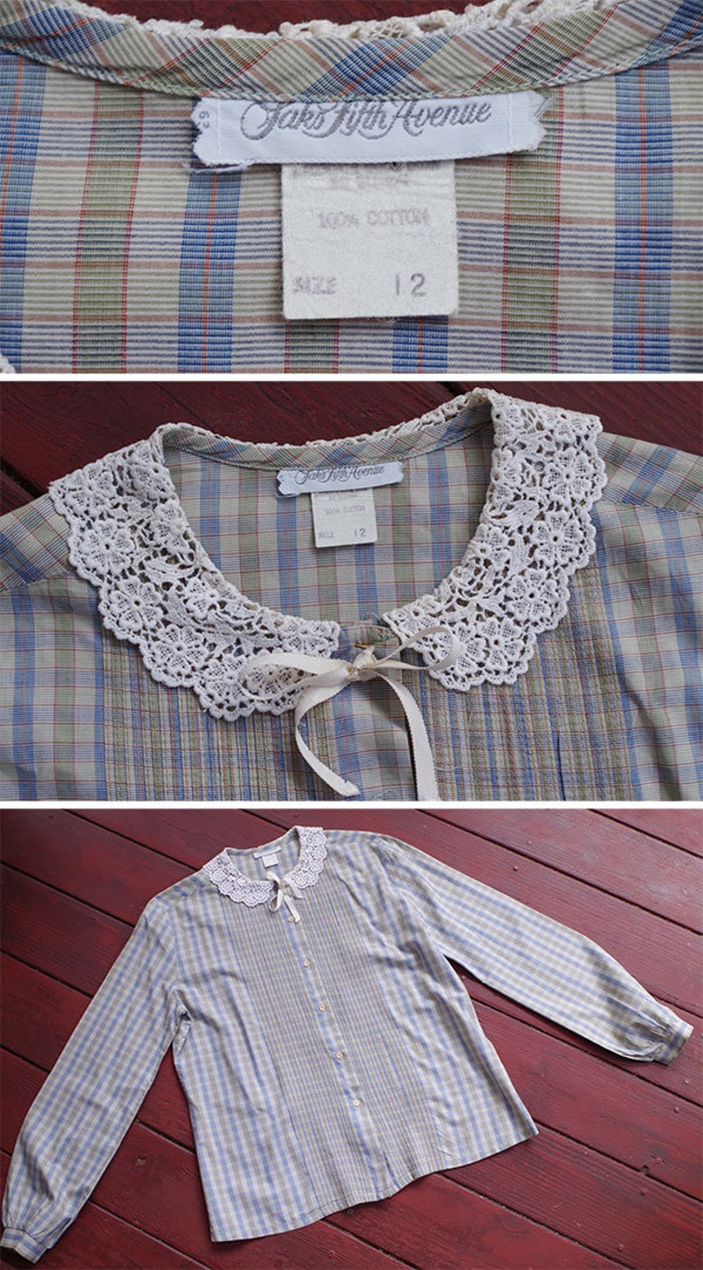 Light PLAID 1980/'s Vintage Light Gray Cotton Blouse w Lace Collar Tiny Pleats Long Sleeves size Medium by SAKS Fifth Avenue