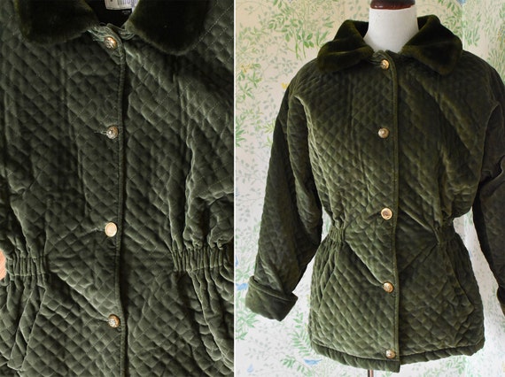 Dark OLIVE 1980's 90's Vintage Green Quilted VELV… - image 3