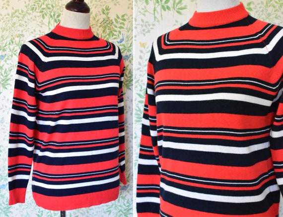 Rot / Hell mit 1960er / Vintage Pullover Stehkragen von / Gestreifter Fashion Dunkelblau Größe KIM L Weiß / STREIFEN Acryl