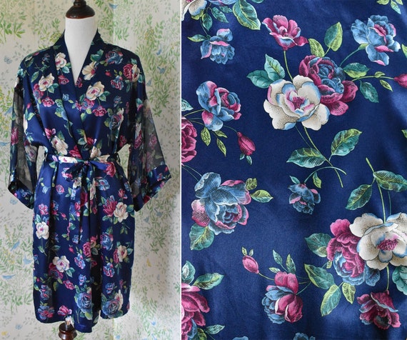 ROSES 1980's 90's Vintage Deep Navy Blue + Pink S… - image 1