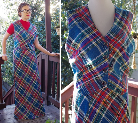 PLAID 1970's Vintage Blue + Red Wool Plaid Maxi Sk