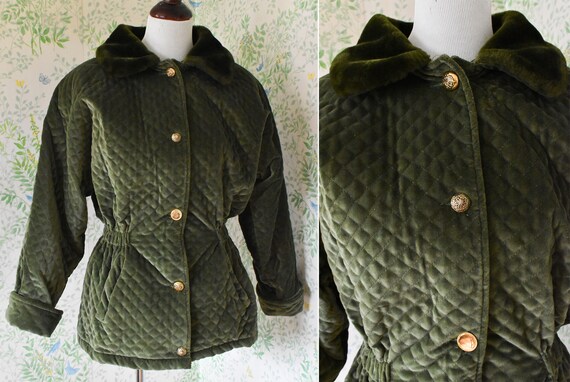 Dark OLIVE 1980's 90's Vintage Green Quilted VELV… - image 4