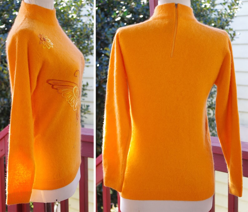 BUTTERFLY 1960/'s Vintage Bright Orange Embroidered Angora Wool Sweater w Back Zipper size Small 34 by PANDA