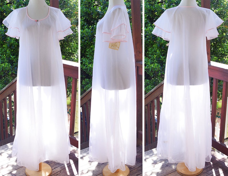 White LILY 1960/'s 70/'s Vintage Sheer White Pink Nylon Chiffon Robe w Layered Sleeves by Val MODE size Small Deadstock w Tags