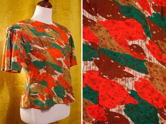 ABSTRACT Art 1940's Vintage Sheer Red Green Brown… - image 1