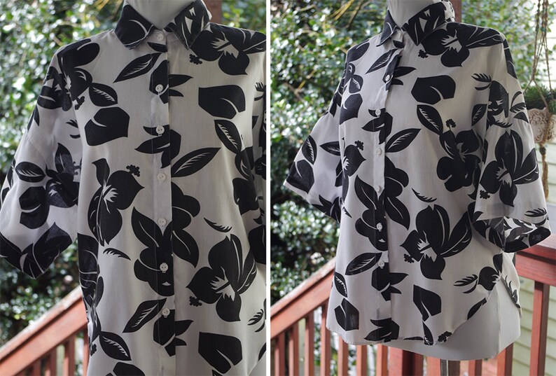 White Cotton Tropical Hawaiian Shirt size Medium MIDNIGHT in Maui 1980/'s Vintage Black