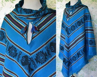 ANDES 1970&#39;s 80&#39;s Vintage Bright Blue Yellow + Red Woven Wool Cape Poncho with Fringe // One Size // by TEJIDOS Diaz Ecuador