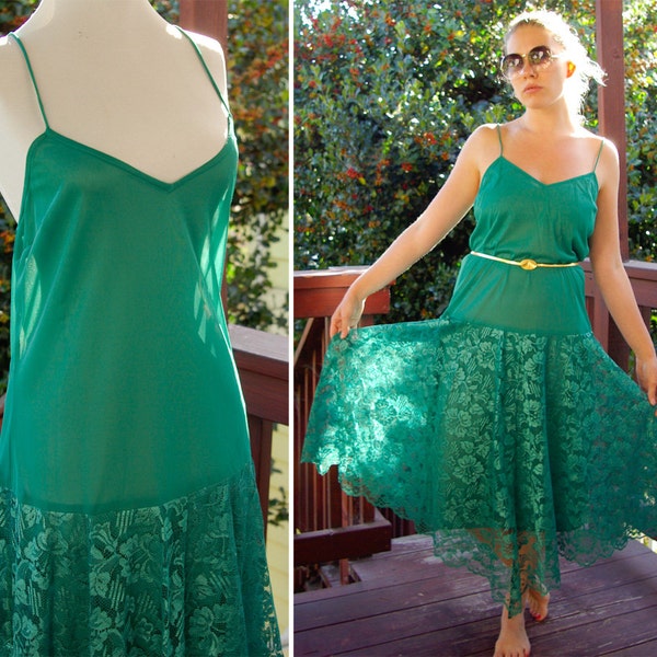 The DISCO 1970's 80's Emerald Green Dress with Floral Lace Skirt size Medium