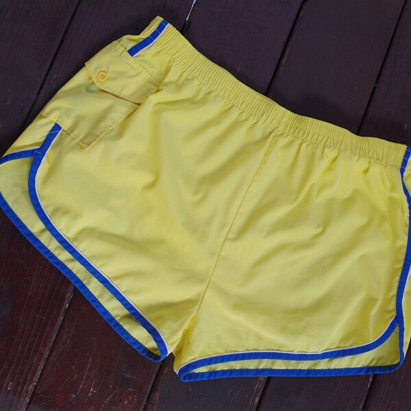ENSOLEILLÉ côté 1960 70 s Vintage homme jaune vif et troncs de short de bain bleu marine / / par la route du roi / / taille XL l 40 42