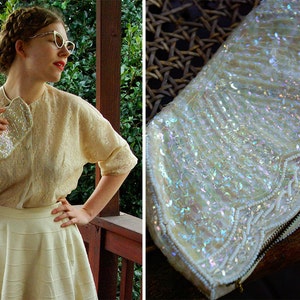 SHIMMER 1940's Vintage Antique White Sequin & Seed Beaded Clutch Coin Purse Wallet com zíper