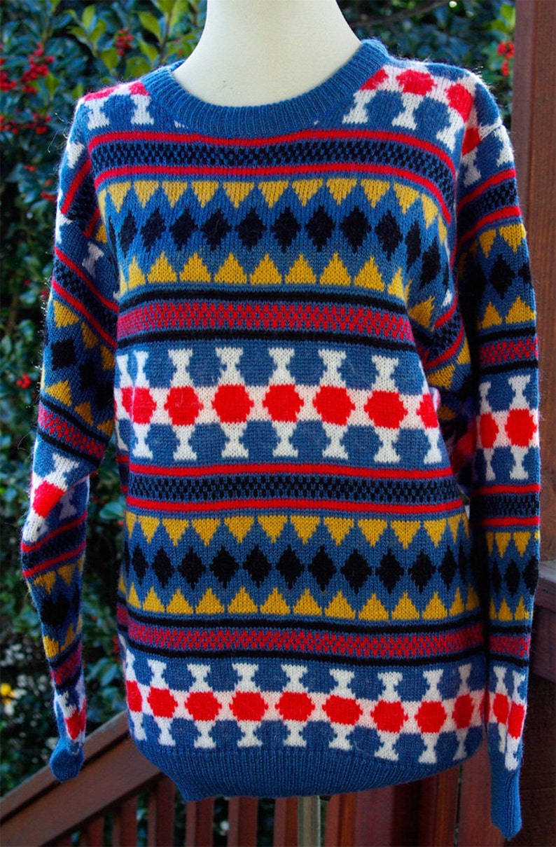 Harlequin 1980/'s 90/'s Vintage Blue Red Gold Diamond Geometric Sweater size Large