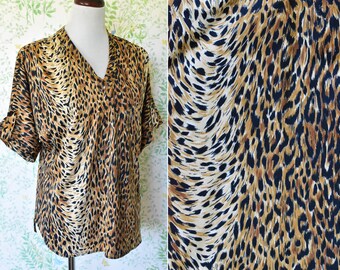 Abstract CHEETAH 1970's 80's Vintage Golden Tan + Black Dotted Tunic Blouse w/ Wide Short Sleeves // size Large // by Tomorrow's DREAM