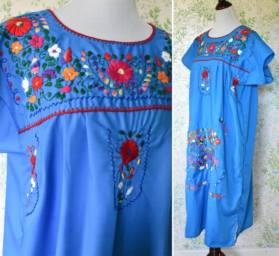 GUADALAJARA Vintage Blue Ethnic Embroidered Dress… - image 1