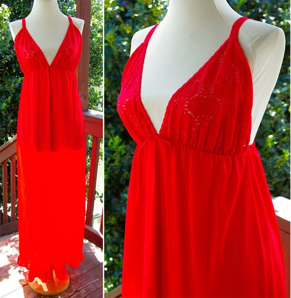 Red HOT 1960's 70's Vintage Long Bright Red Night… - image 1