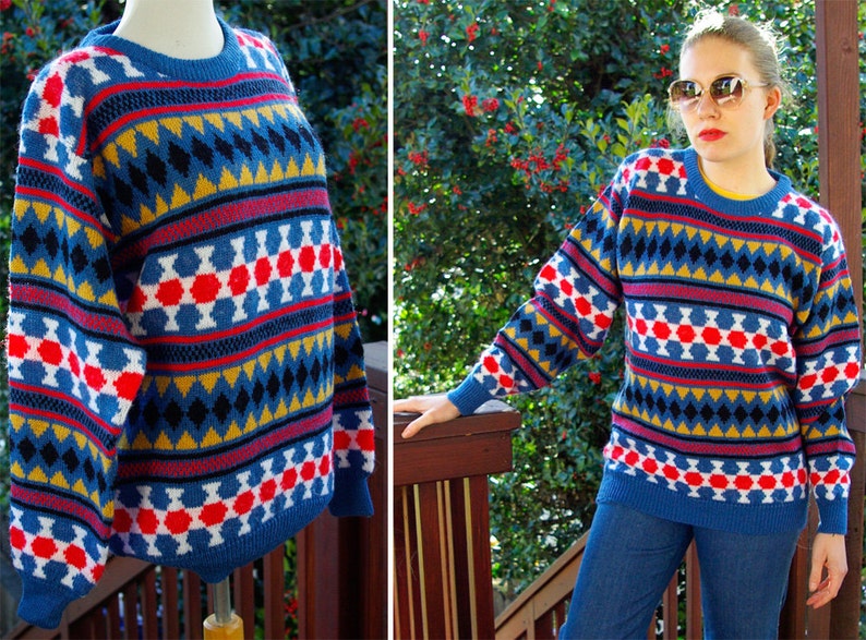 Harlequin 1980/'s 90/'s Vintage Blue Red Gold Diamond Geometric Sweater size Large