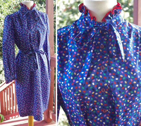 CONFETTI 1970's 80's Vintage Primary Blue Polka D… - image 1