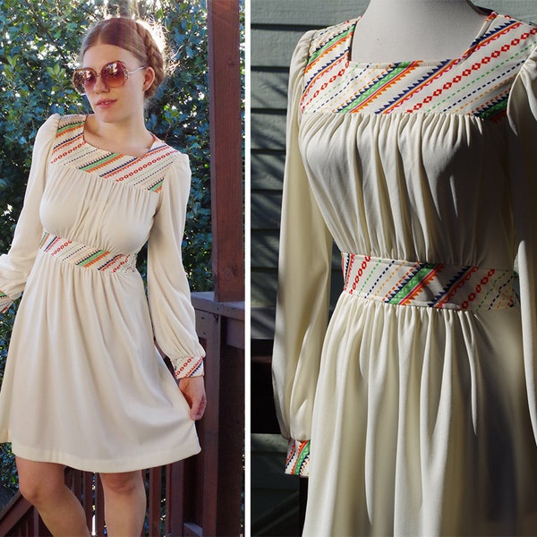 CANDY Stripes 1970's Vintage Cream White Polyester Dress with Colorful Designs // size Small