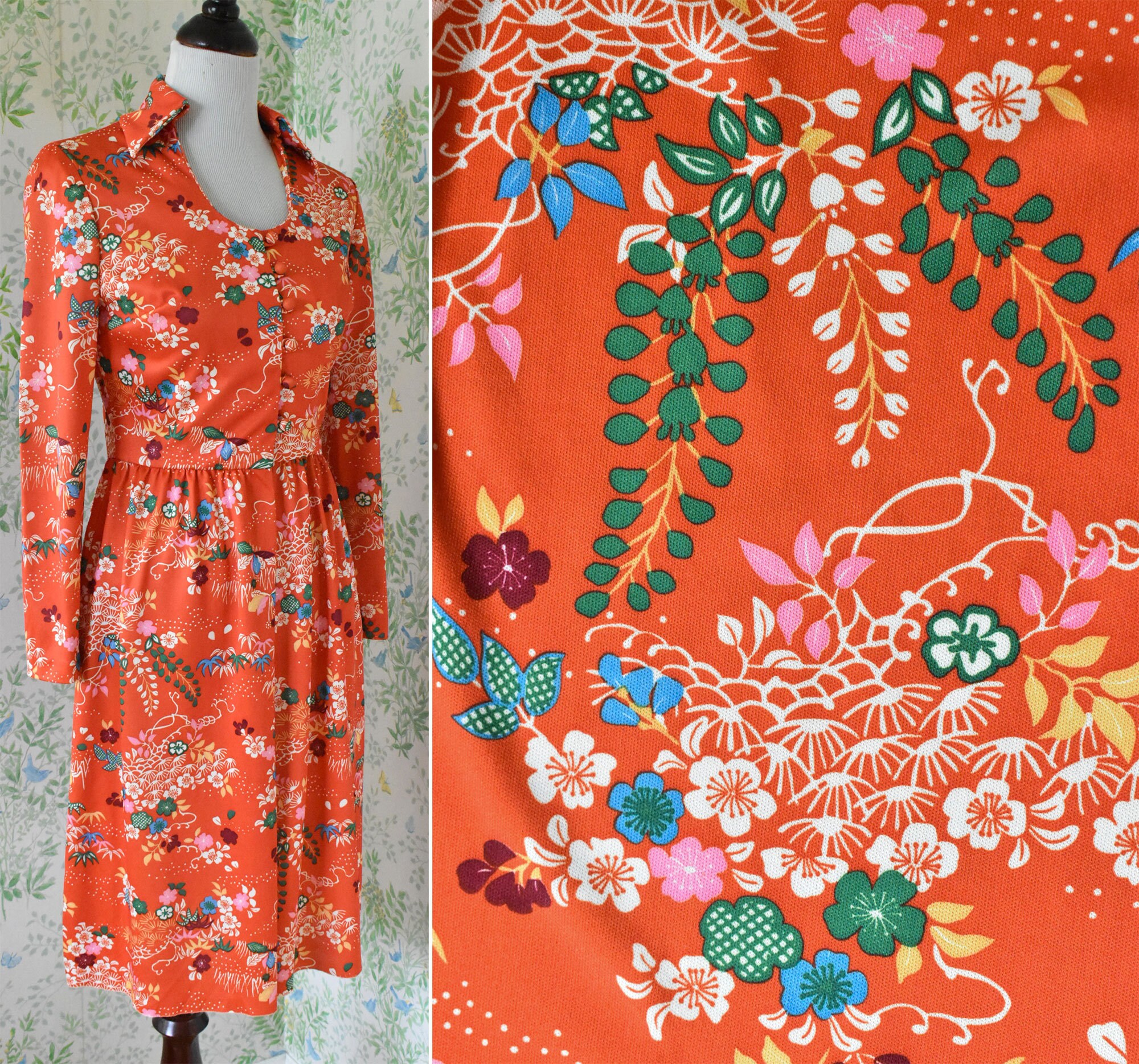 FLORAL Canopy 1970's Vintage Bright Orange Red Colorful
