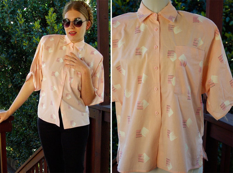 New WAVE 1980/'s Vintage Peachy Pink Button Down Shirt with Geometric Designs by SOHO size Small Medium