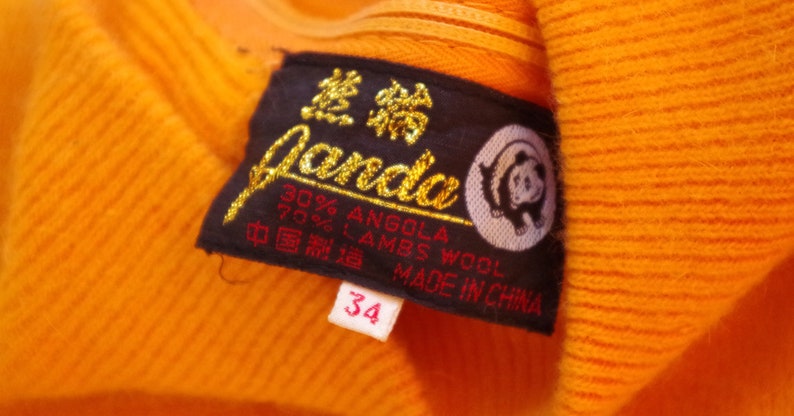 BUTTERFLY 1960/'s Vintage Bright Orange Embroidered Angora Wool Sweater w Back Zipper size Small 34 by PANDA