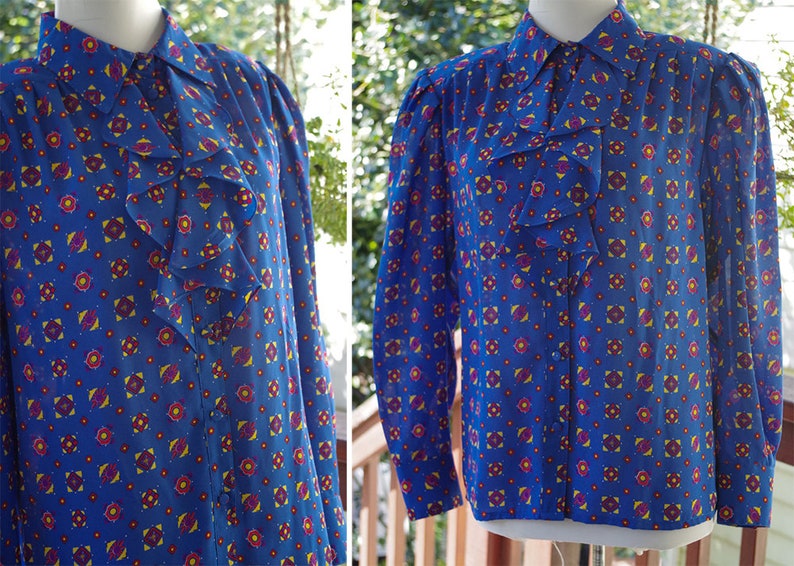 Red Modern Victorian Blouse Long BIG Sleeves size Medium by Josephine RUFFLED 1970/'s 80/'s Vintage Bright Blue Yellow