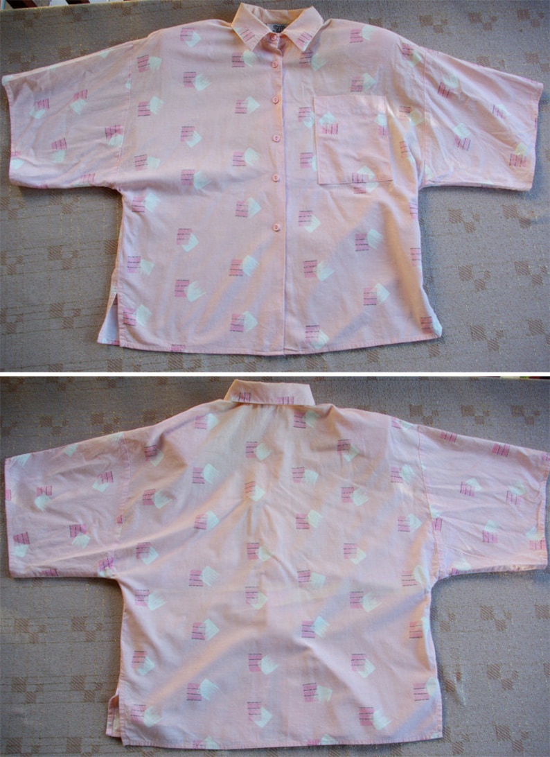 New WAVE 1980/'s Vintage Peachy Pink Button Down Shirt with Geometric Designs by SOHO size Small Medium