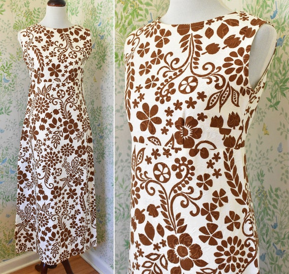 GARDEN Party 1960's 70's Vintage Long Brown + Whi… - image 4