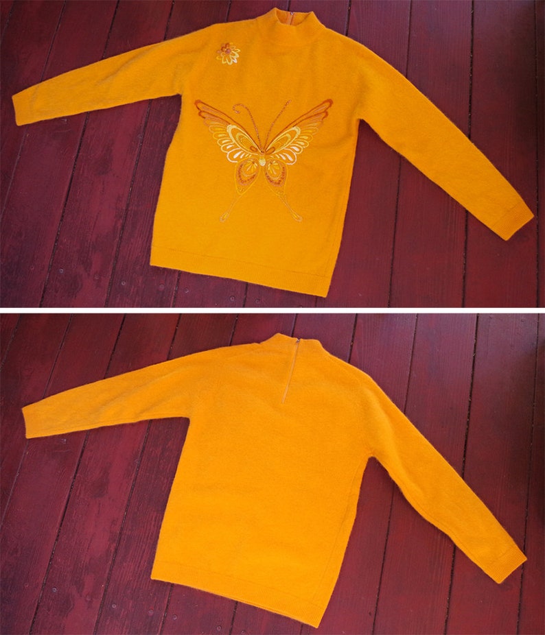 BUTTERFLY 1960/'s Vintage Bright Orange Embroidered Angora Wool Sweater w Back Zipper size Small 34 by PANDA