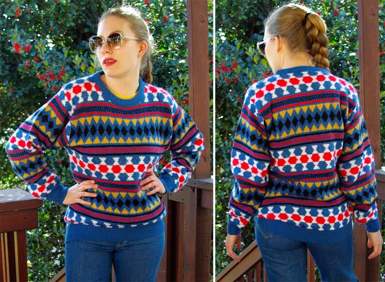 Harlequin 1980/'s 90/'s Vintage Blue Red Gold Diamond Geometric Sweater size Large