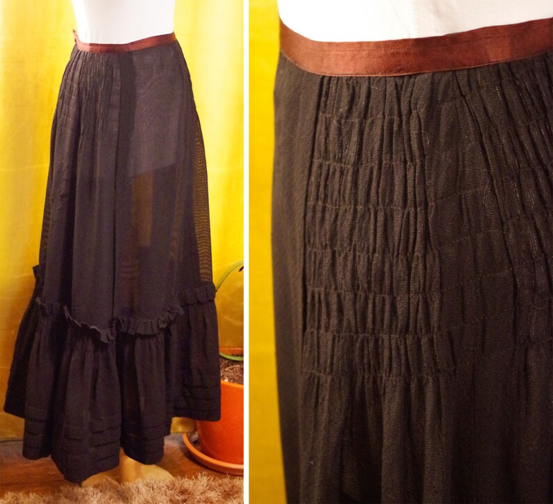 In MOURNING 1800's 1900's Original Antique Long Solid Black Ruched Ruffled Gauzy Petticoat Skirt // size XXS 22' waist 