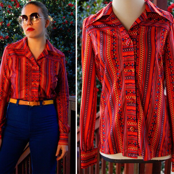 New MEXICO 1970's Vintage Tomato Red Southwestern Polyester Button Down Shirt with Pointed Collar size Med