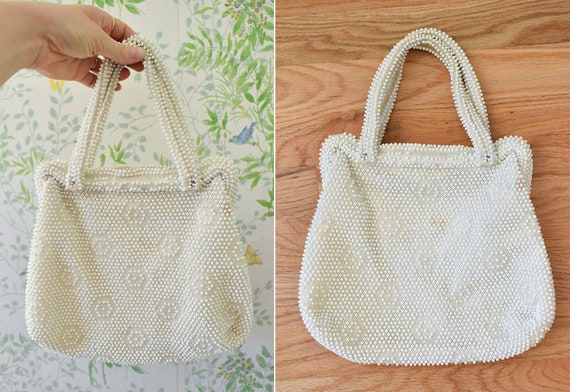 SPRING 1960's Vintage Cream White Beaded Handbag … - image 2