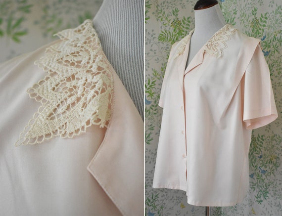 BLUSH 1980's Vintage Pale Pink SILK Blouse w/ Crea