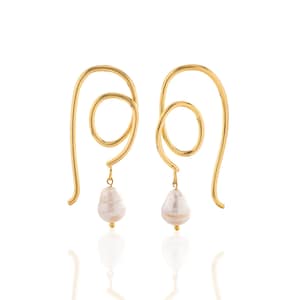 Handmade Gold Pearl Earrings , Modern Baroque Statement Earrings , Artistic Drop Jewelry for Women
