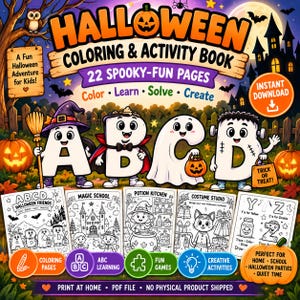 Peut inclure: Une couverture de livre de coloriage et d'activités d'Halloween avec les lettres A, B, C et D déguisées en sorcière, vampire, fantôme et Frankenstein. Le texte indique Halloween Coloring & Activity Book, 22 Spooky-Fun Pages et Instant Download.