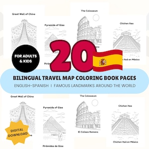 May include: A collection of black and white line drawings of famous landmarks, including the Great Wall of China, Pyramids of Giza, and the Colosseum. The image features the text "Bilingual Travel Map Coloring Book Pages" and "Digital Download".