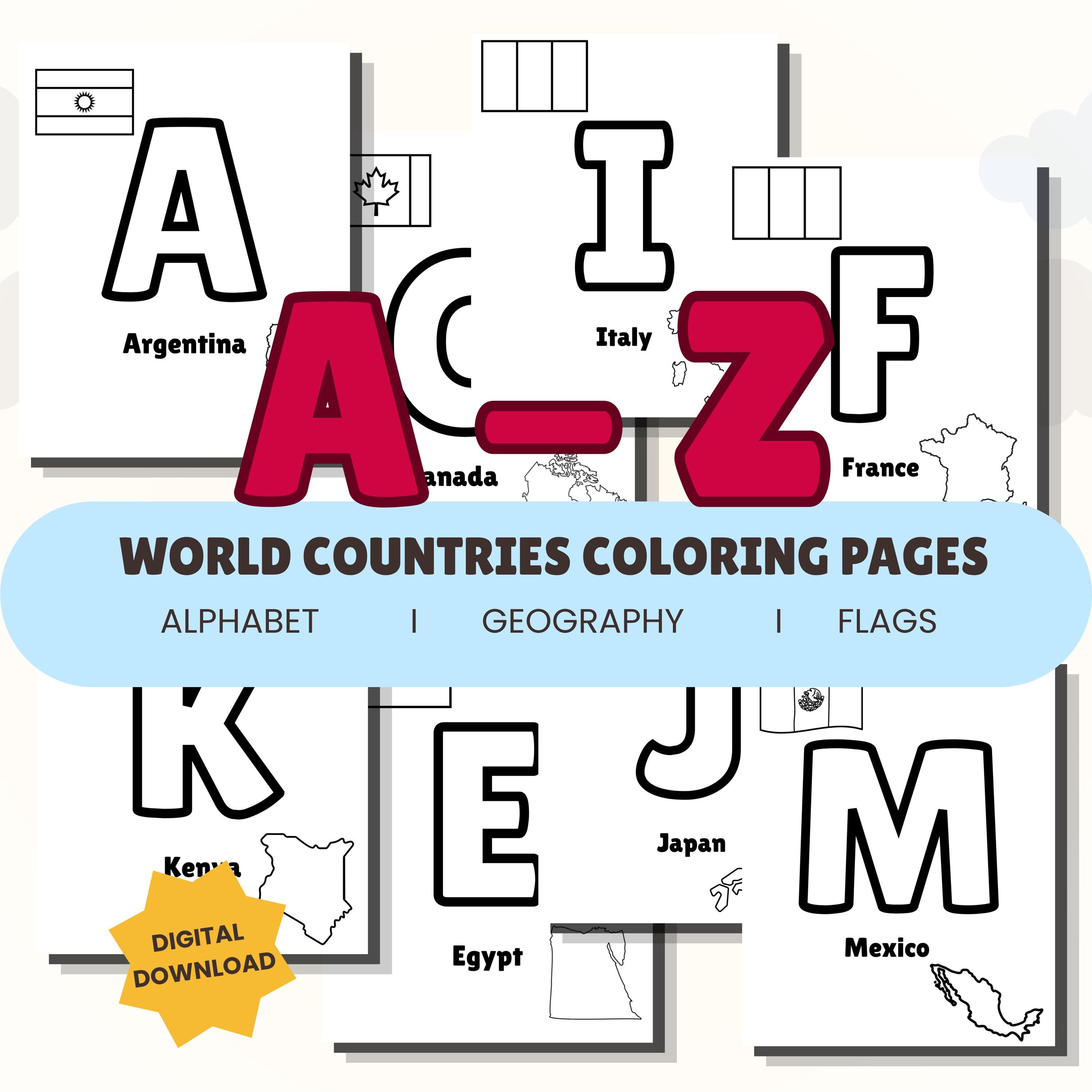 A to Z Alphabet Coloring Pages, Around the World Coloring Book, Flags ...