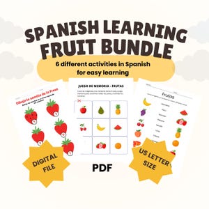 May include: A Spanish learning fruit bundle with six different activities for easy learning. The image includes worksheets with fruit illustrations and the text "Spanish Learning Fruit Bundle" and "Digital File".