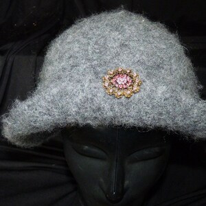 Felted crochet natural gray wool cloche hat with brim pin