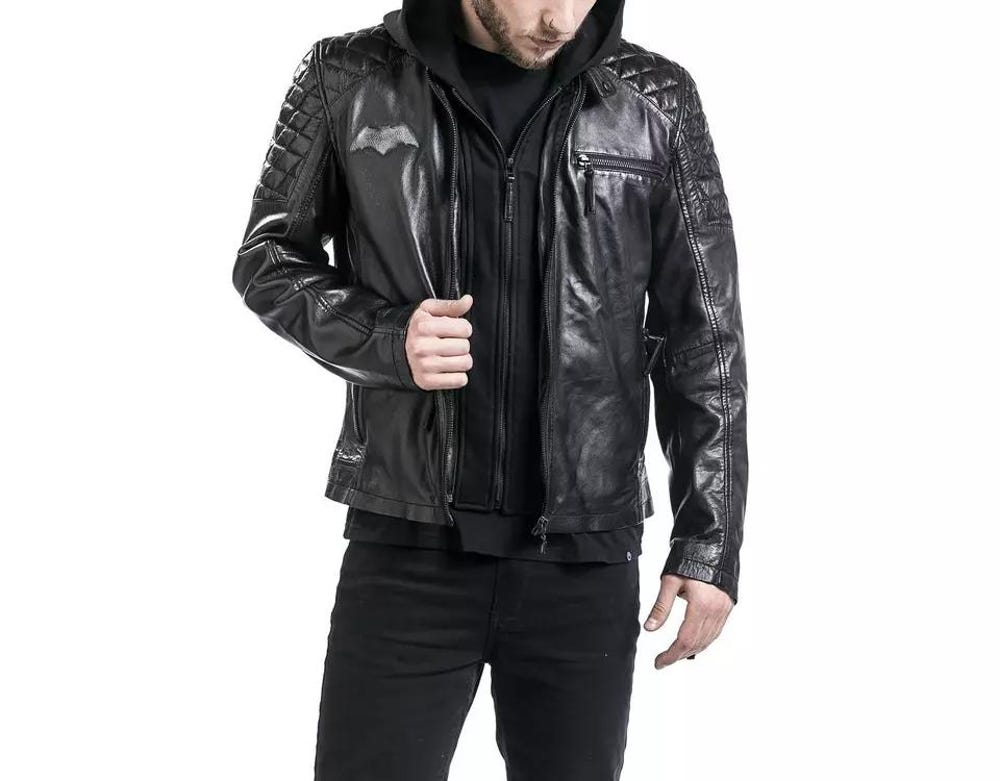 Peckshirt Custom Batman Distressed Logo Biker Black Leather Jacket, Removable Hood, Superhero Jacket, Men Motorcycle Jacket, Cosplay Outfit, Comic Con Jacket